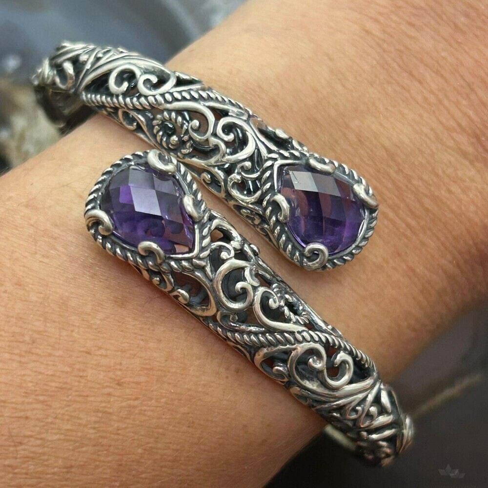 Carolyn Pollack Sterling Faceted Amethyst Overlapping Decorated Hinged Bracelet